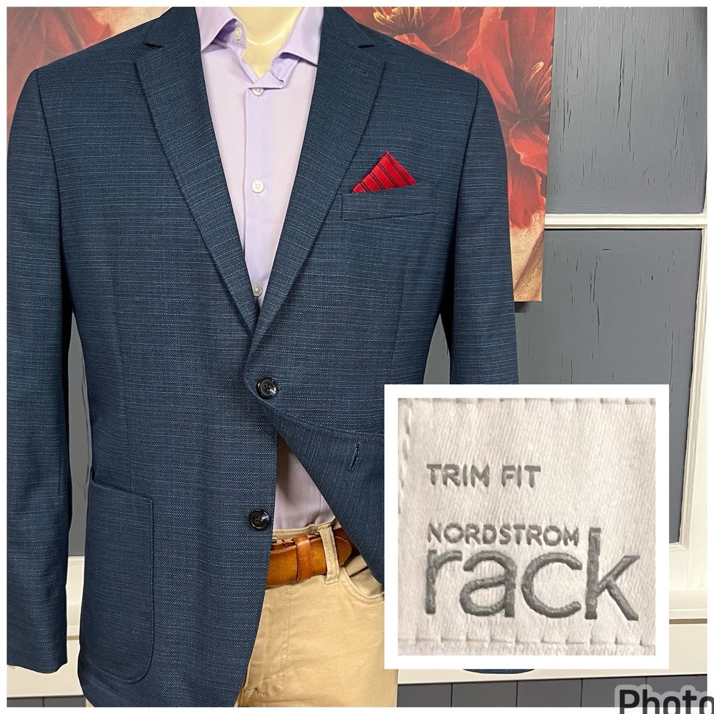 Nordstrom Rack Hopsack Blazer Mens 44R Trim Fit Poly Blend Stretch Teal/Black